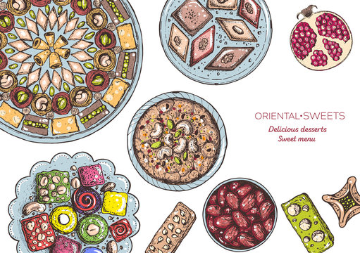 Oriental sweets vector illustration, top view. Middle eastern food, hand drawn. Food menu background. Colorful design template. EPS10