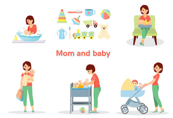 Mother and baby big set. Isolated on white background. Cartoon style. Vector illustration