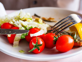 Healthy dinner - plate full of stewed vegetables and grilled tomatoes.