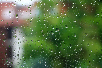 Rain drops on window glass with green in background