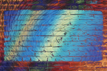 Fototapeta na wymiar Hallucinogen neon surreal brick wall. Exotic fluorescent uneven wall with painted blue glowing center. Big rectangle for mock up in center close-up. Haunted imagination from drugs and alcohol.