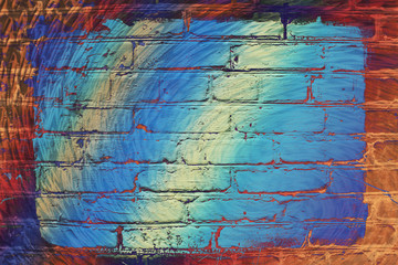 Fototapeta na wymiar Hallucinogen neon surreal brick wall. Exotic fluorescent uneven wall with painted blue glowing center. Big rectangle for mock up in center close-up. Haunted imagination from drugs and alcohol.