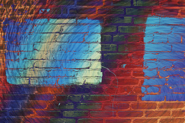 Hallucinogen neon surreal brick wall. Exotic fluorescent uneven wall with painted blue glowing center. Big rectangle for mock up in parts close-up. Haunted imagination from drugs and alcohol.