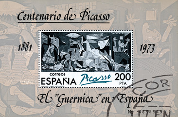Stamp printed in Spain shows painting by Pablo Picasso Guernica - obrazy, fototapety, plakaty