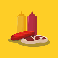 meat steak and sauce bottles over yellow background, colorful design. vector illustration