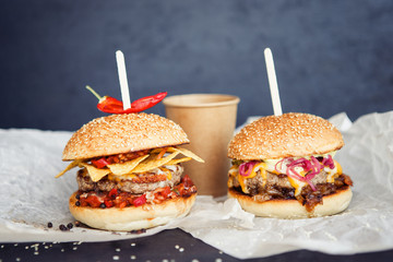 Set of coffee and fastfood burger on the black background