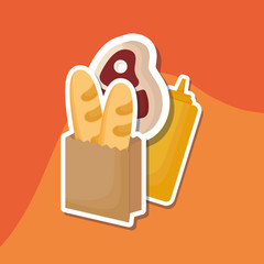 meat steak and bag with breads over orange background, colorful design. vector illustration