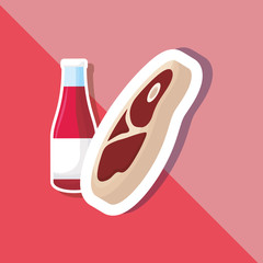 ketchup bottle and meat steak over pink background, colorful design. vector illustration