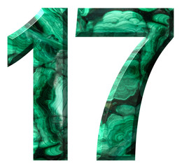 Arabic numeral 17, seventeen, from natural green malachite, isolated on white background