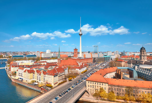 Aerial view of central Berlin on a bright day in Autumn, including river Spree and television tower