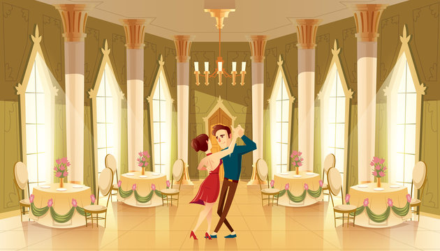 Vector hall with dancers, interior of ballroom. Big room with chandelier, columns for royal reception in luxury medieval palace. Marriage, wedding in castle, cartoon characters