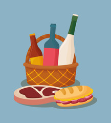 basket with wine bottles and sandwich over blue background, colorful design. vector illustration