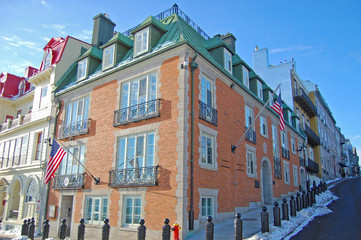 Fototapeta premium Consulate General of the United States of America in Old Quebec City, Quebec, Canada. Historic District of Quebec City is UNESCO World Heritage Site since 1985.