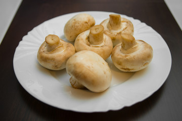 Fresh white mushrooms mushrooms mushrooms in white plate on black background