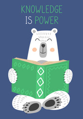 Knowledge is Power. Cute white bear reading book on blue background. Vector illustration