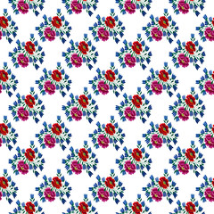 Seamless pattern flowers embroidery on a white background handmade
