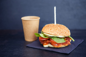 Set of coffee and fastfood burger on the black background