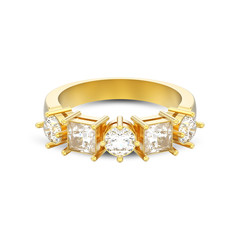 3D illustration isolated yellow gold decorative ring with different round and square diamond with shadow
