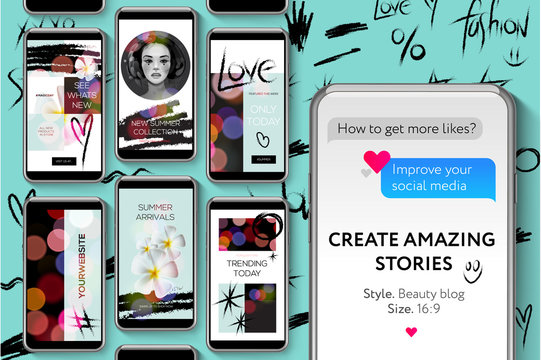 Social media templates, Beauty Blog Stories Bundle for brands and blogger, modern promotion web banner for social media mobile apps, vector illustration.