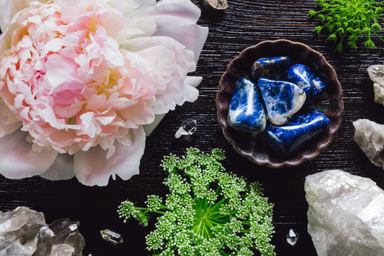 Sodalite and Quartz with Peony and Queen Anne's Lace
