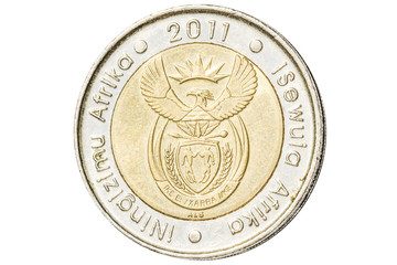 South African five rand coin introduced in 2004 closeup with symbol of coat of arms of South Africa. Isolated on white studio background.