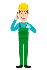 Builder pointing his finger at the mobile phone that he talks