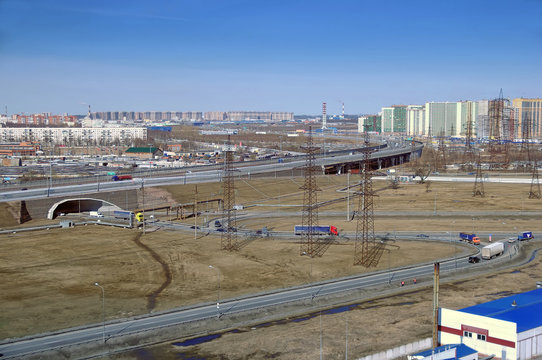 ring road in St. Petersburg, new buildings and high-voltage power lines
