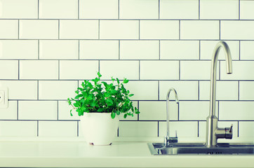Water tap. White kitchen design. Mixer tap with flowing water on brick tile background. Potted green plants. Minimalistic lifestyle concept. Copyspace. Banner.