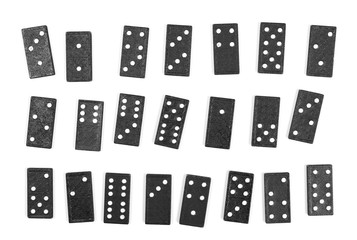 Set black dominoes, pieces isolated on white background, top view