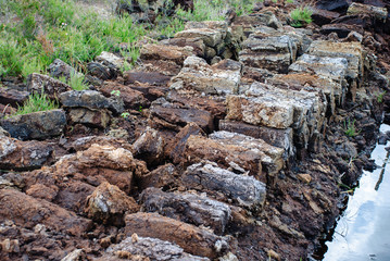 Peat dug from a bog, and lying to dry out. This is a commonly used fuel in Ireland.