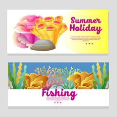 cute underwater banner with coral reef
