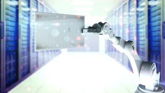 Digitally generated video of robotic arm holding card with mathematical formula