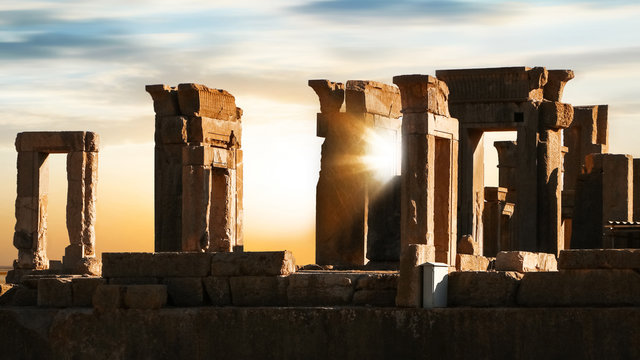 Sunrise in Persepolis. Iran. Ancient Persia. Sunrise and sunset background.