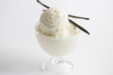 Homemade Ice Cream, copy space.Glass with delicious vanilla ice cream on table.