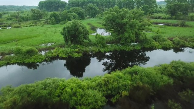 Aerial filming over the swampy terrain and meadows