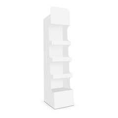 Cardboard display stand with 4 shelf - half side view. Vector illustration