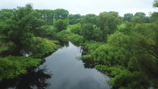 Flight over the Seim River, Ukraine surrounded by trees - aerial videotaping