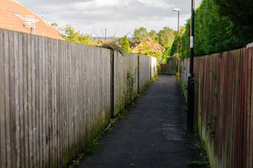 Fototapeta premium Alleyway at the rear of a number of houses with wooden fences
