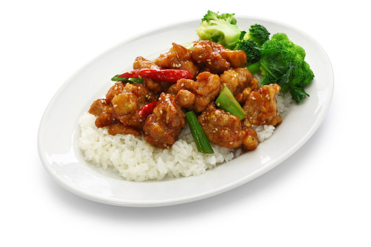 general tso’s chicken with rice, american chinese cuisine isolated on white background