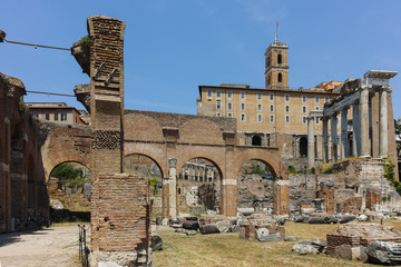 Ruins of Roman Forum and Capitoline Hill in city of Rome, Italy