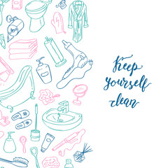 Vector background illustration with hand drawn doodle bathroom elements and place for text