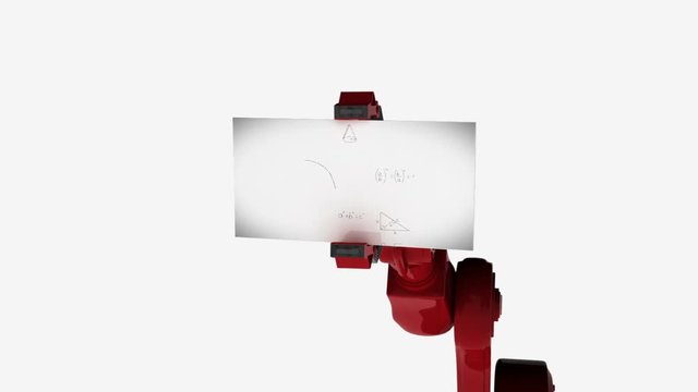 Digitally generated video of robotic arm holding card with mathematical formula