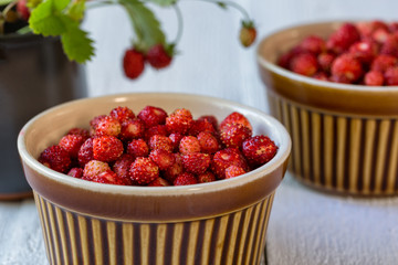 Ripe wild strawberries in small bowls