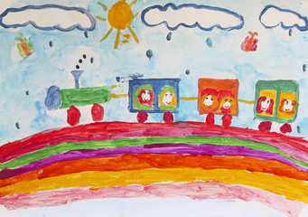 Naklejka premium Child's drawing of merry train traveling along rainbow in rain. Children's art