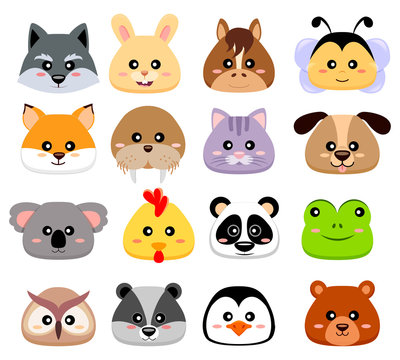 Cute cartoon animals head. Wolf, hare, horse, bee, fox, walrus, cat, dog, koala, chicken, panda, frog, owl, chipmunk, penguin, bear