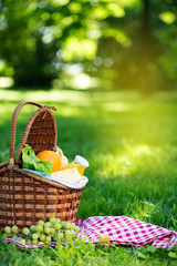 Picknickmand met vegetarisch eten in zomerpark