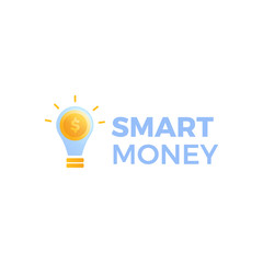 Smart money logo. Luminous light bulb with gold dollar coin logotype. Crowdfunding for fresh ideas.
