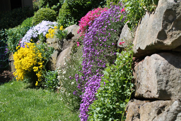 Sandstein Trockenmauer mit Blumen