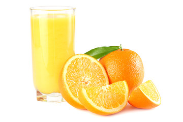 orange juice with orange and green leaf isolated on white background. juice in glass