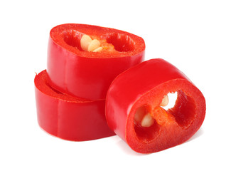 sliced red hot chili peppers isolated on white background